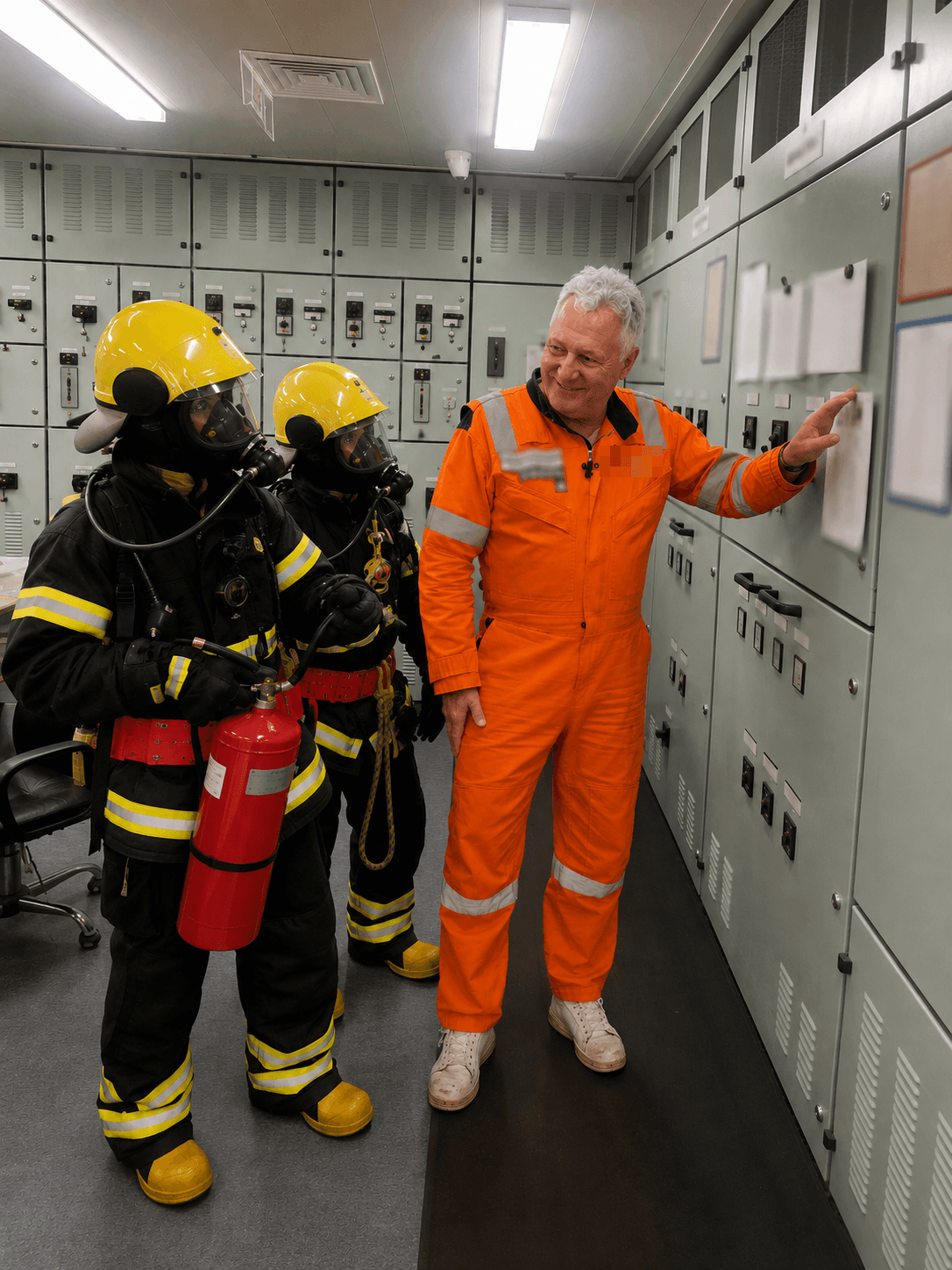 Gerhard Hoffmann at the switchboard during a fire drill, beside two crew in breathing apparatus — an image composited with AI